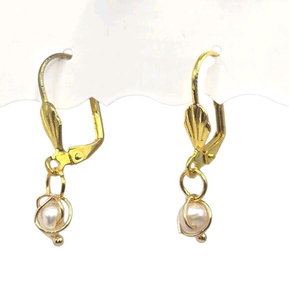 Pierced Earrings Baroque Pearl Soft Off White Wire Caged Small Artisan SKU2792 - Picture 1 of 7